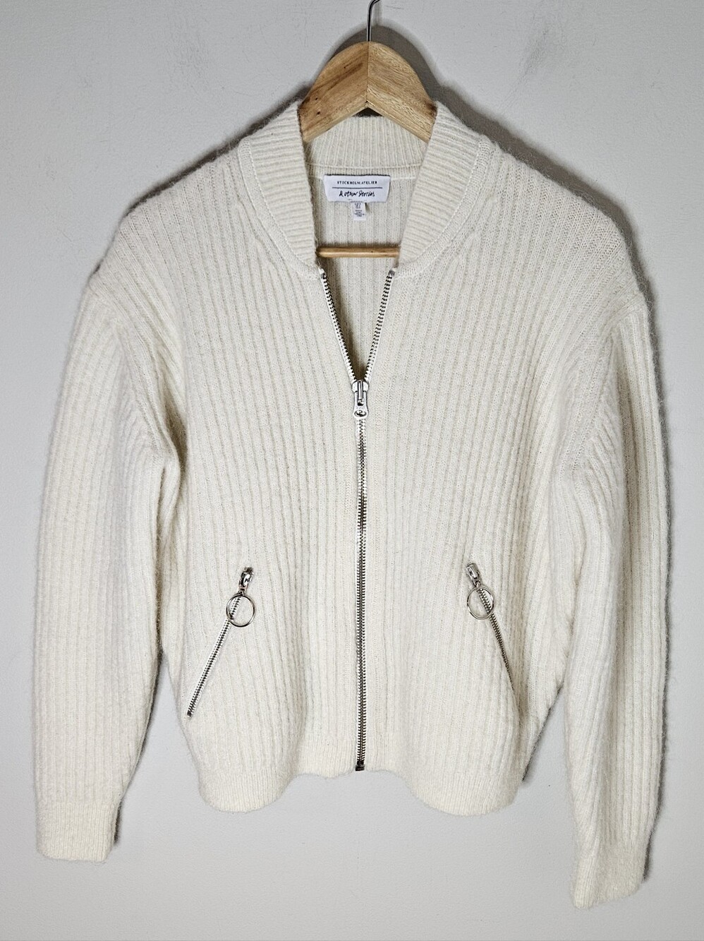 & Other Stories Wool Mohair Knit Bomber Sweater Zip Front Women's S Small Cream - Picture 2 of 8